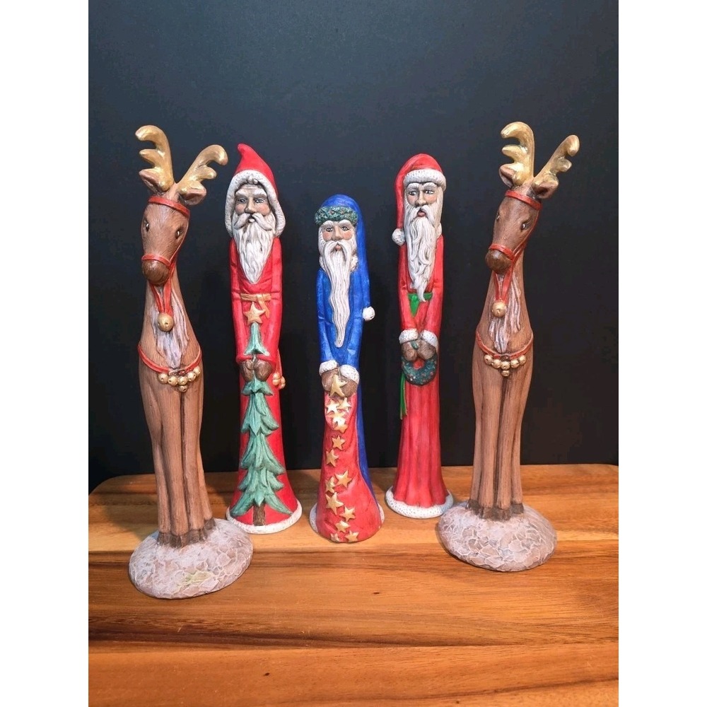 Old World Chalkware Primitive Lot Of 6 Large Santa's & Reindeer 11"